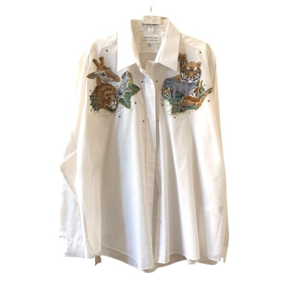 Ann Pollard Resort Collection Womens 14/16 Shirt Safari Jungle Tiger Elephant - Picture 2 of 11